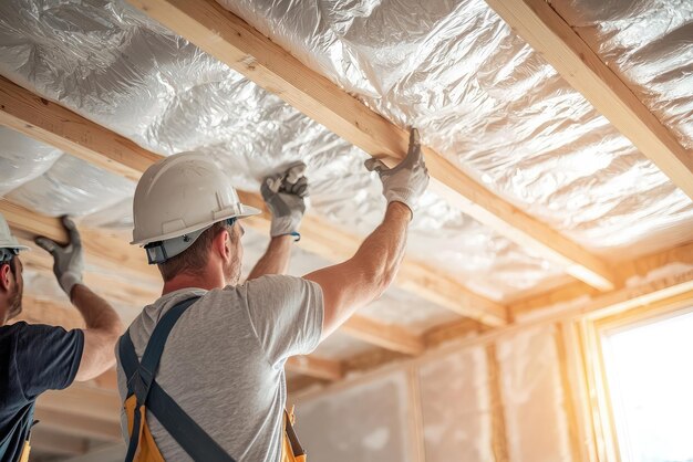 Photo two construction workers diligently install insulation in a home renovation project their focused expressions reflecting their dedication to the task