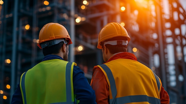 Two construction workers in hard hats and safety vests stand with a blurry background