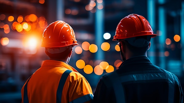 Two construction workers in hard hats stand back to back in an industrial setting