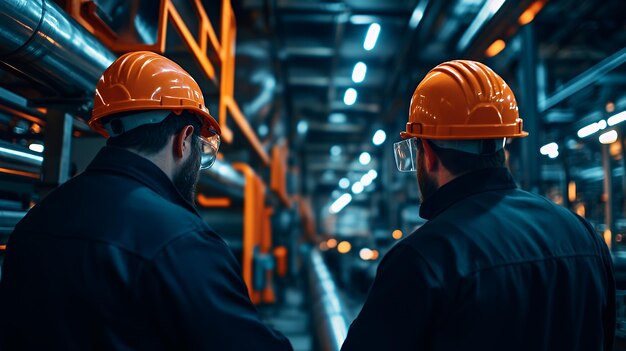 Two construction workers in hardhats and safety glasses looking at something in the distance