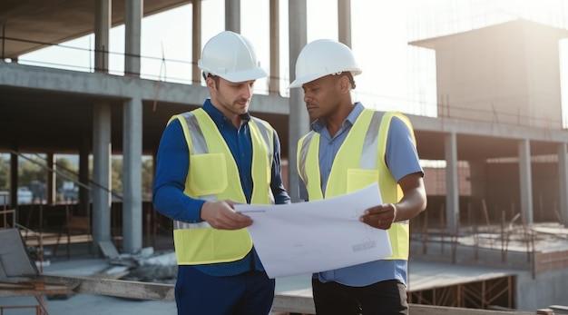 Two construction workers looking at a blueprint