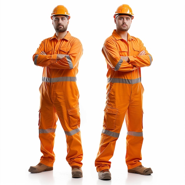 Photo two construction workers in orange jumpsuits and hard hats