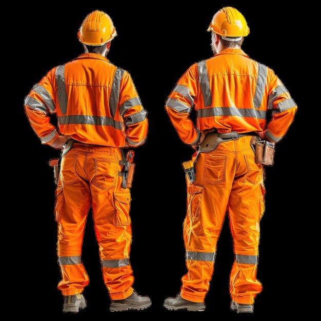 Two construction workers in orange safety gear outdoors