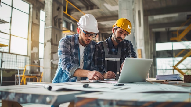 Photo two construction workers reviewing plans on laptop