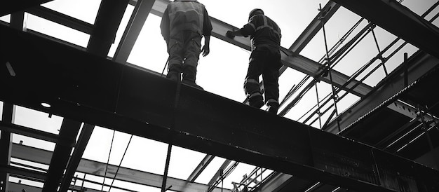 Photo two construction workers on a steel beam