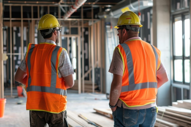 Photo two construction workers in an underconstruction building