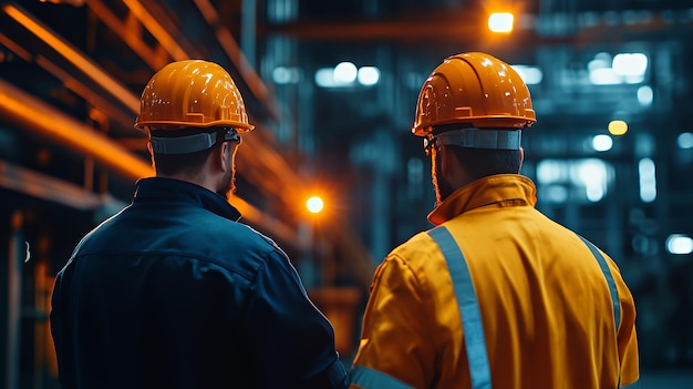 Two construction workers wearing hard hats and safety vests stand in a factory or industrial setting looking at something in the distance