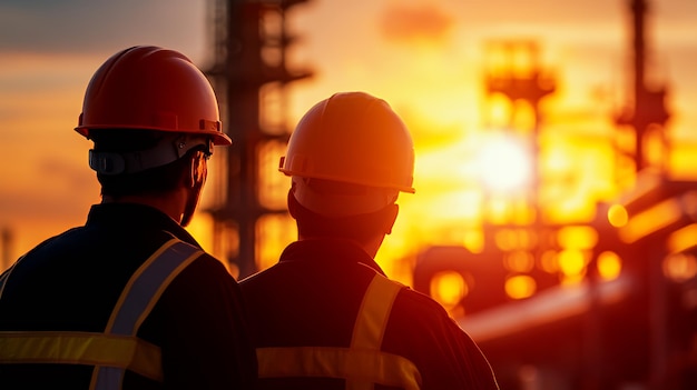 Two construction workers wearing hard hats stand facing a sunset in front of a large industrial structure