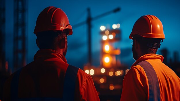 Two construction workers wearing orange vests and hard hats stand together on a construction site at night