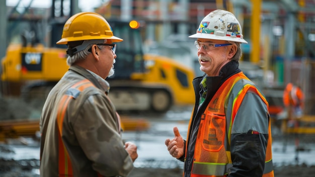 Two construction workers wearing safety gear have a discussion on a busy construction site surrounded by equipment and machinery