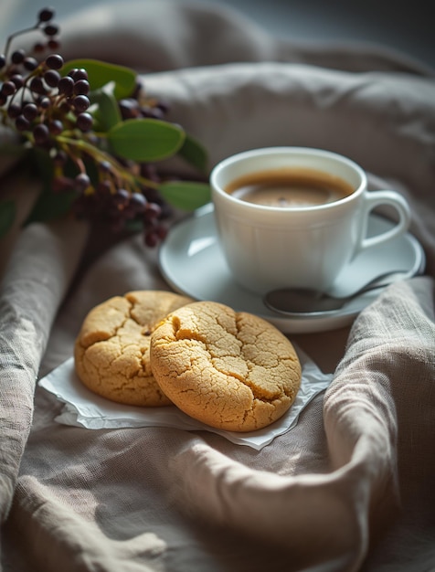 two cookies on a napkin next to a cup coffee in the style of light yellow and light silver