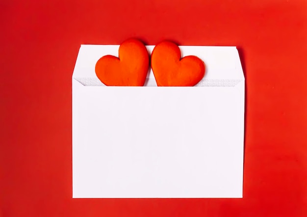 Two cookies in the shape of heart in a white envelope on red background