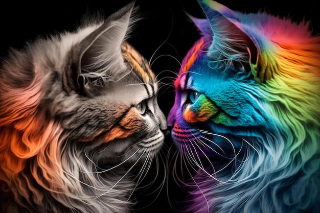 Two cool and colorful cats Rainbow colors Diversity tolerance inclusion concept Different and unique to be Fashionable animals couple Generative AI