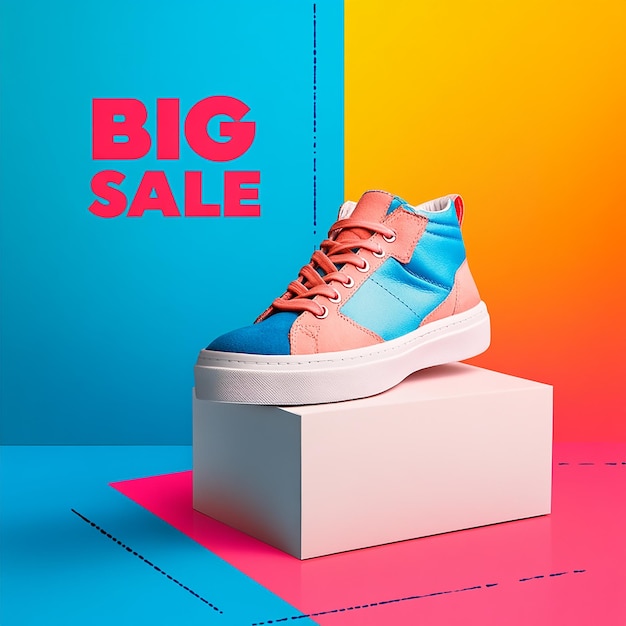 Photo two coral sneakers one on platform on orange and turquoise background big sale text