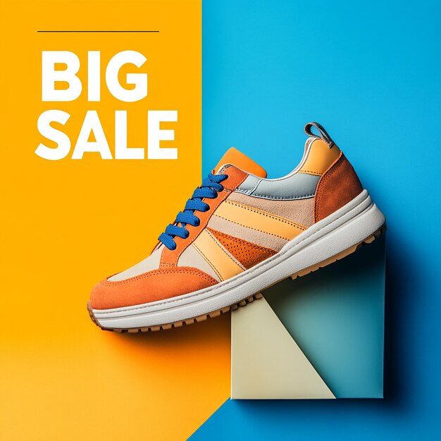 Photo two coral sneakers one on platform on orange and turquoise background big sale text