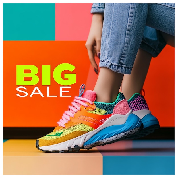 Photo two coral sneakers one on platform on orange and turquoise background big sale text