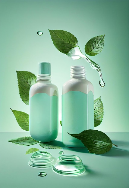 Two cosmetic bottle of serum and cosmetic accessories on a green Concept of skinimalism and multiuse care product AI Generated