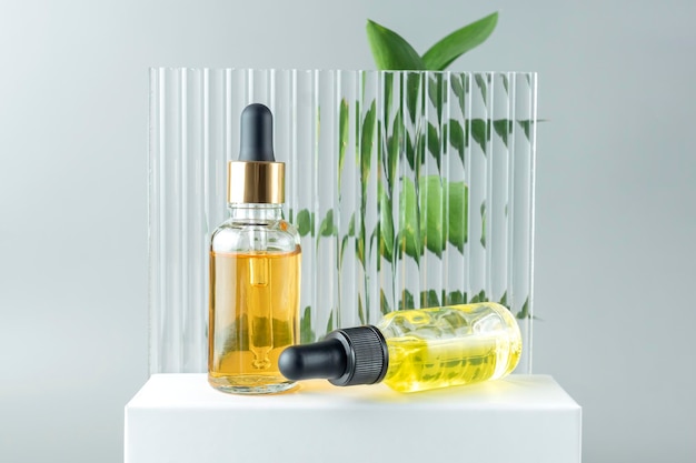 Two cosmetic bottles with pipette on white podium product packaging with natural ruscus branch anti aging serum with peptides cosmetics mockup spa concept