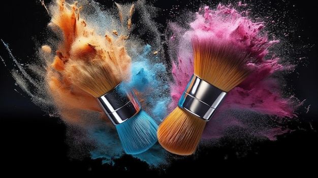 Two cosmetics brushes dispersing make up powder Illustration AI GenerativexA