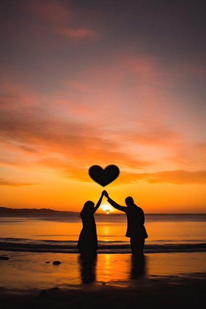 two couples holding hands together to form a heart shape on the sunset at the beach