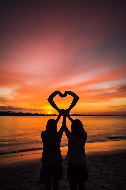 two couples holding hands together to form a heart shape on the sunset at the beach