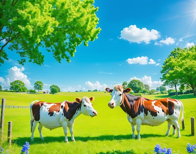 Two cow are spread out on the lush green grass