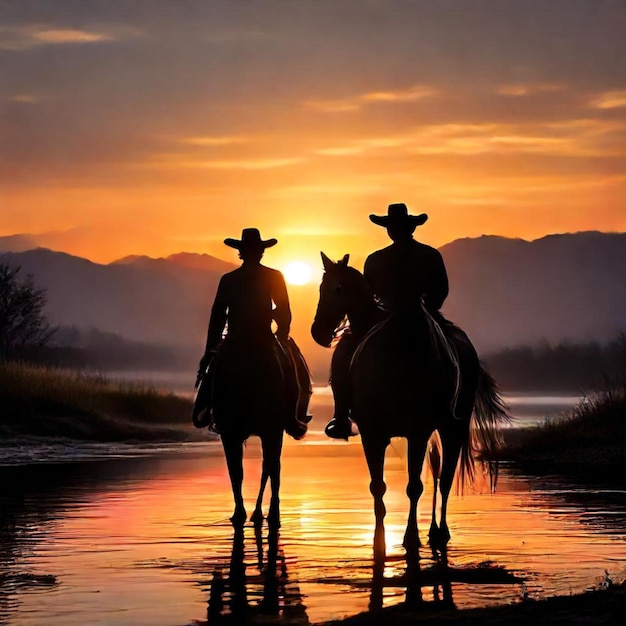 two cowboys are riding horses in the sunset