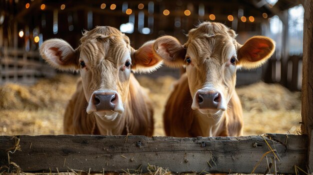 Two cows with brown and white coats are looking out between wooden fence slats