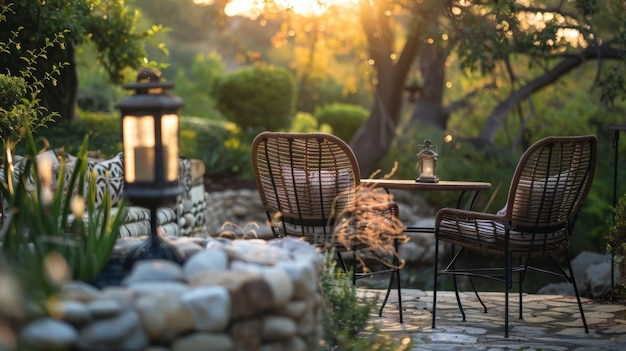 Two cozy chairs sit beside the table inviting guests to relax and take in the serene surroundings