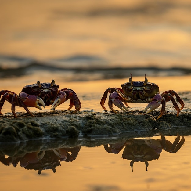 Photo two crabs are on the beach and one is wearing a crab