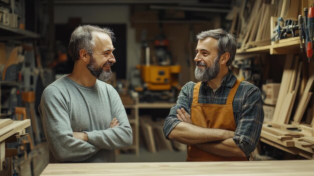 Photo two craftsmen share a moment of joy and camaraderie in their woodworking space