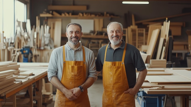 Two craftsmen stand proudly in their workshop filled with wood creations