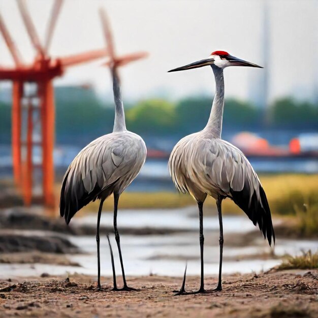 Photo two cranes are standing in front of a body of water