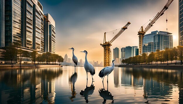 Photo two cranes with large buildings a group of cranes sitting next to a body of water