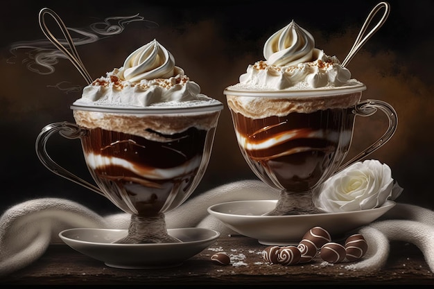 Two cream coffee desserts served in a small cup or bowl The dessert appears to consist of several layers with each layer featuring a different color and texture Generative AI