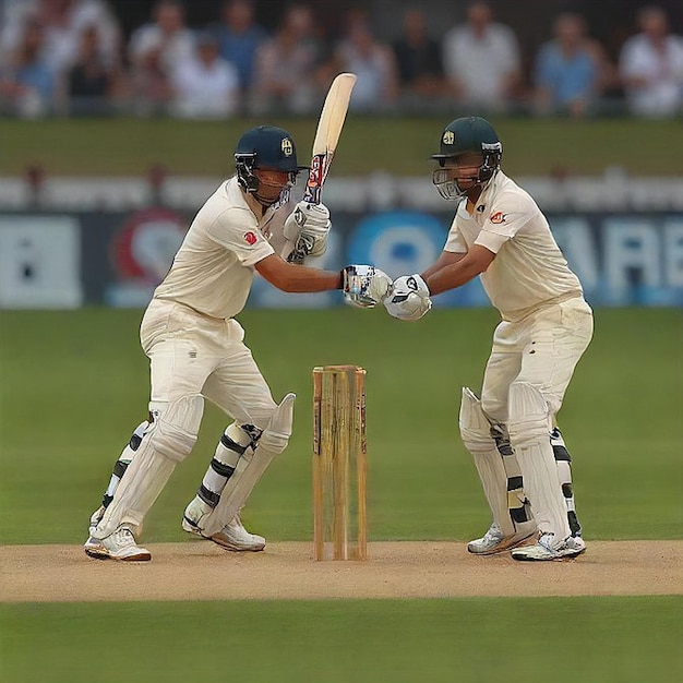 two cricket players are playing cricket on a field with a sign behind them that says cricket