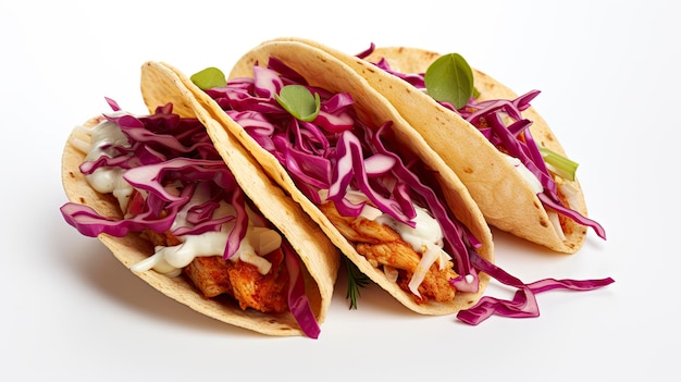 Two crispy chicken tacos filled with vibrant vegetables and drizzled with creamy sauce on a white background