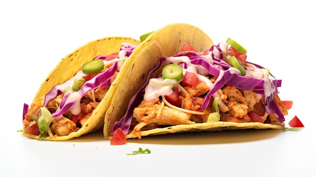 Two crispy chicken tacos filled with vibrant vegetables and drizzled with creamy sauce on a white background