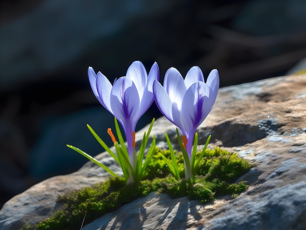 Photo two crocus flowers on a rock with the word crocus on the bottom.