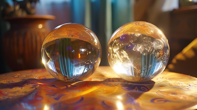 Photo two crystal balls reflecting light and patterns on a fabric background