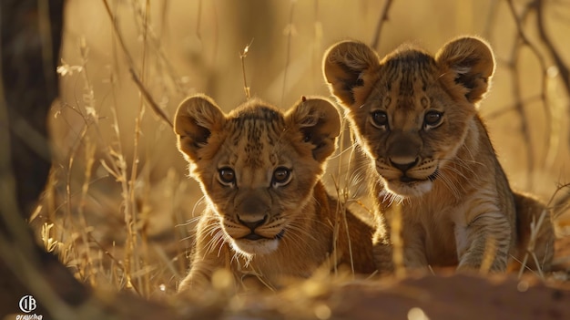 Photo two cub cubs are laying in the grass