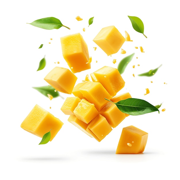 Photo two cubes of mango falling apart on white background