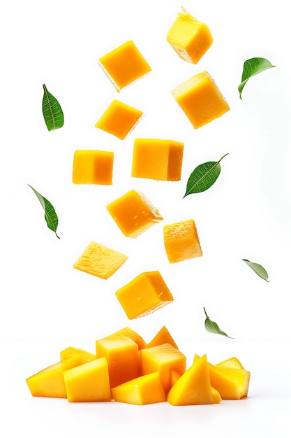 Photo two cubes of mango falling apart on white background