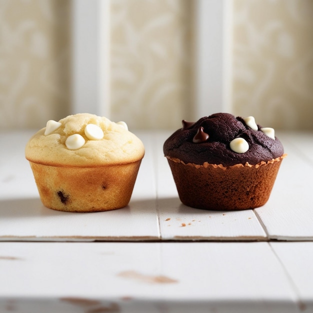 Photo two cupcakes with chocolate frosting and a chocolate cupcake on the left