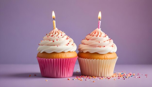 two cupcakes with one lit candle that has the number 3 on it