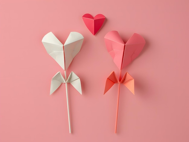 Two Cupid love arrows with red heart shaped tips made of paper on a light pink pastel background