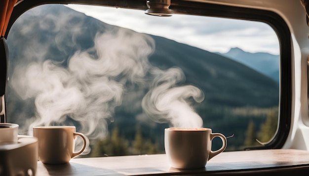 two cups are on a table and one is white