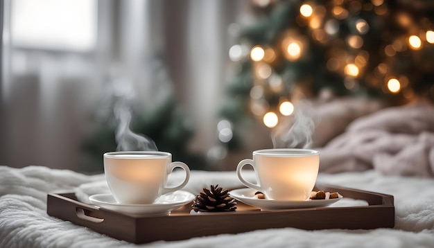 two cups of coffee and a pine cone are on a tray with a pine cone on it