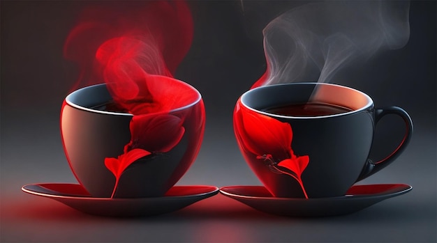 Two cups of coffee and a red flower