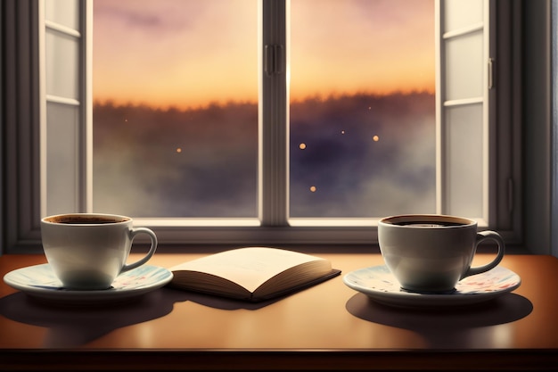 Two Cups Of Coffee Sit On A Table In Front Of A Window